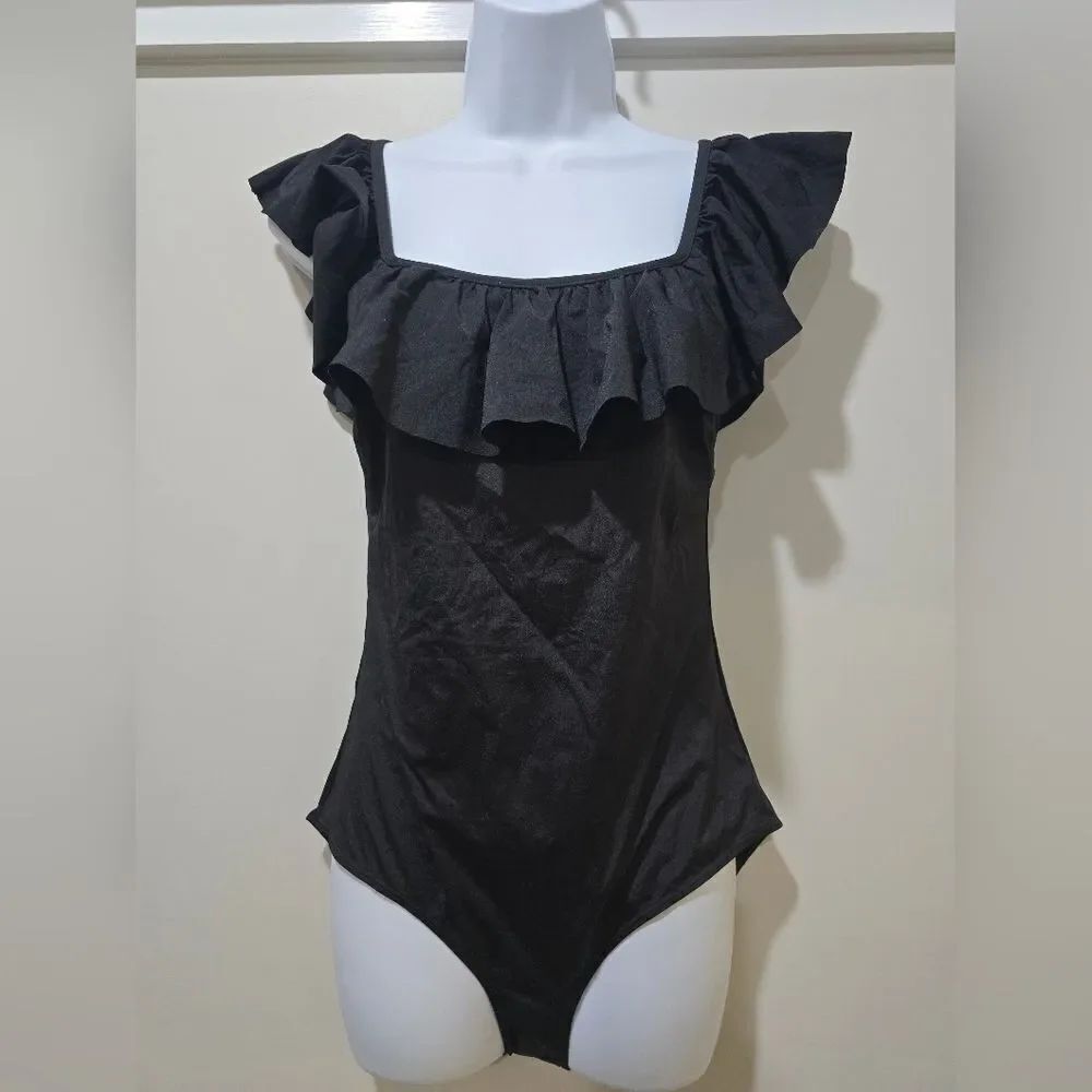 & Other Stories Ruffle Off Shoulder Black One-Piece Swimsuit 10 NWOT